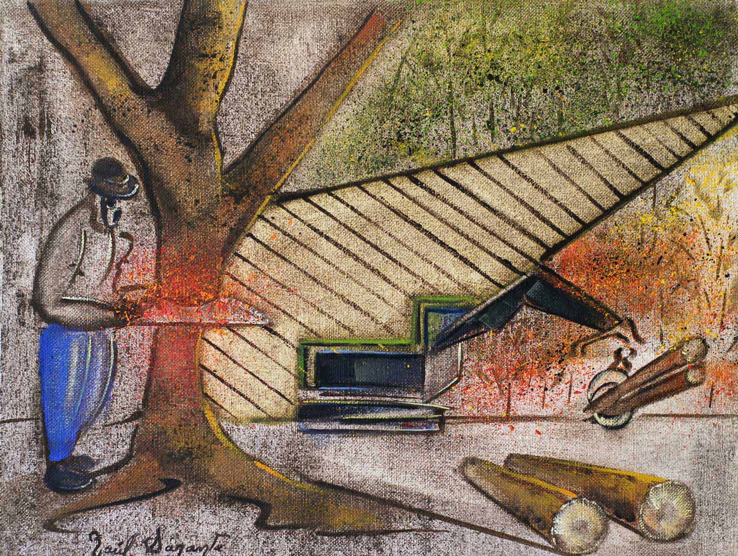 Original oil on canvas abstract painting depicting a stylized tree integrated with industrial machinery, architectural structures, and timber elements, combining organic and mechanical forms in muted earth tones with vibrant blue and orange accents.