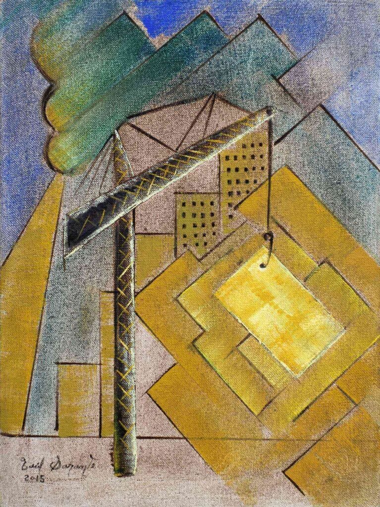 Original oil on canvas abstract painting depicting geometric architectural forms, an industrial tower with a suspended structure, interlocking golden squares, and layered urban planes in muted gray, ochre, blue, and green.