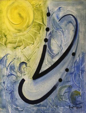 Original oil on canvas abstract painting featuring sweeping black gestural curves, translucent blue forms, floating black circles, and a luminous yellow sun-like disk set against layered blue and green textures.