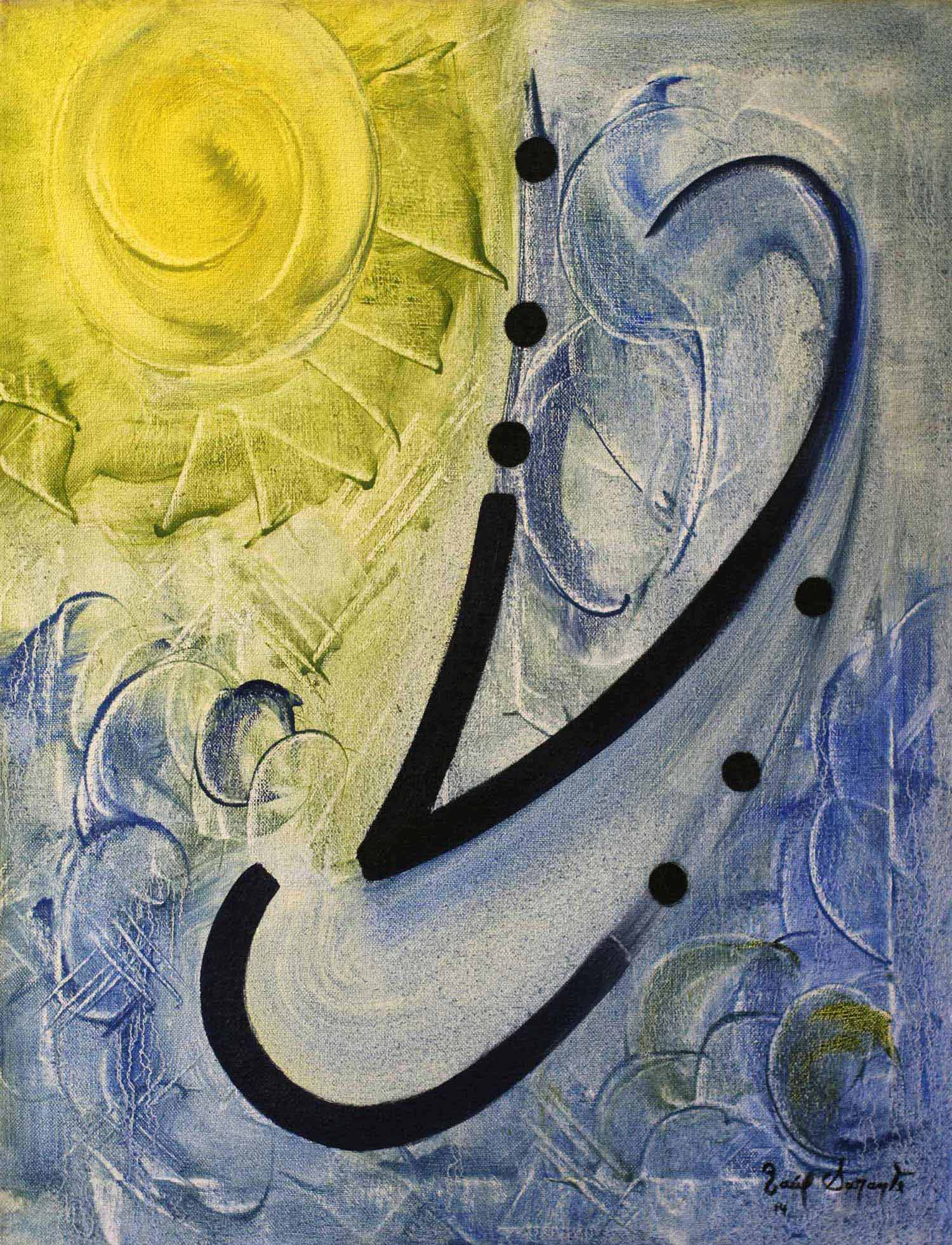 Original oil on canvas abstract painting featuring sweeping black gestural curves, translucent blue forms, floating black circles, and a luminous yellow sun-like disk set against layered blue and green textures.