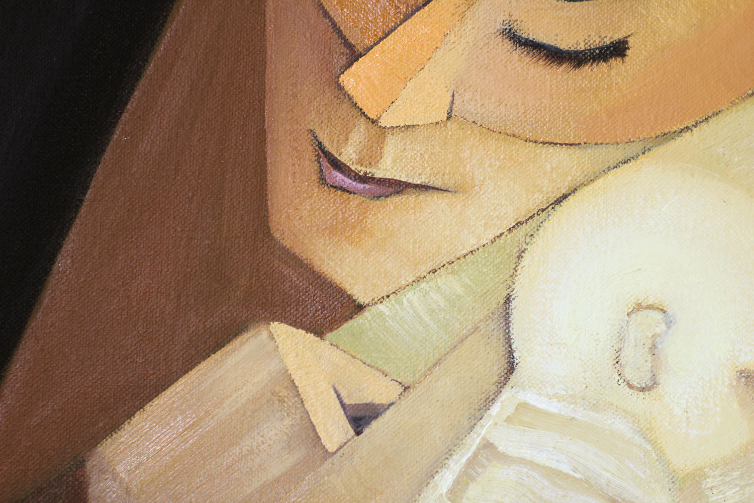 Close-up of an original oil painting showing the serene face of a stylized geometric mother with closed eyes gently leaning toward her sleeping infant. Simplified planes and warm earth tones emphasize tenderness and emotional intimacy.