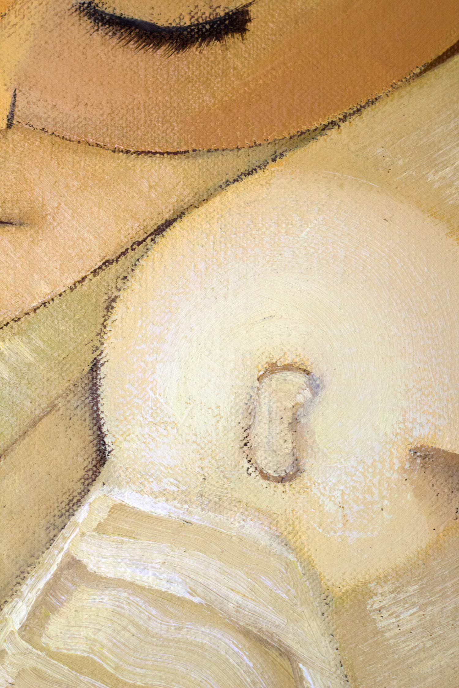 Detail of an oil on canvas painting depicting the sleeping infant cradled in the mother's arms. Soft modeling, simplified forms, and gentle lighting emphasize innocence, comfort, and protection.