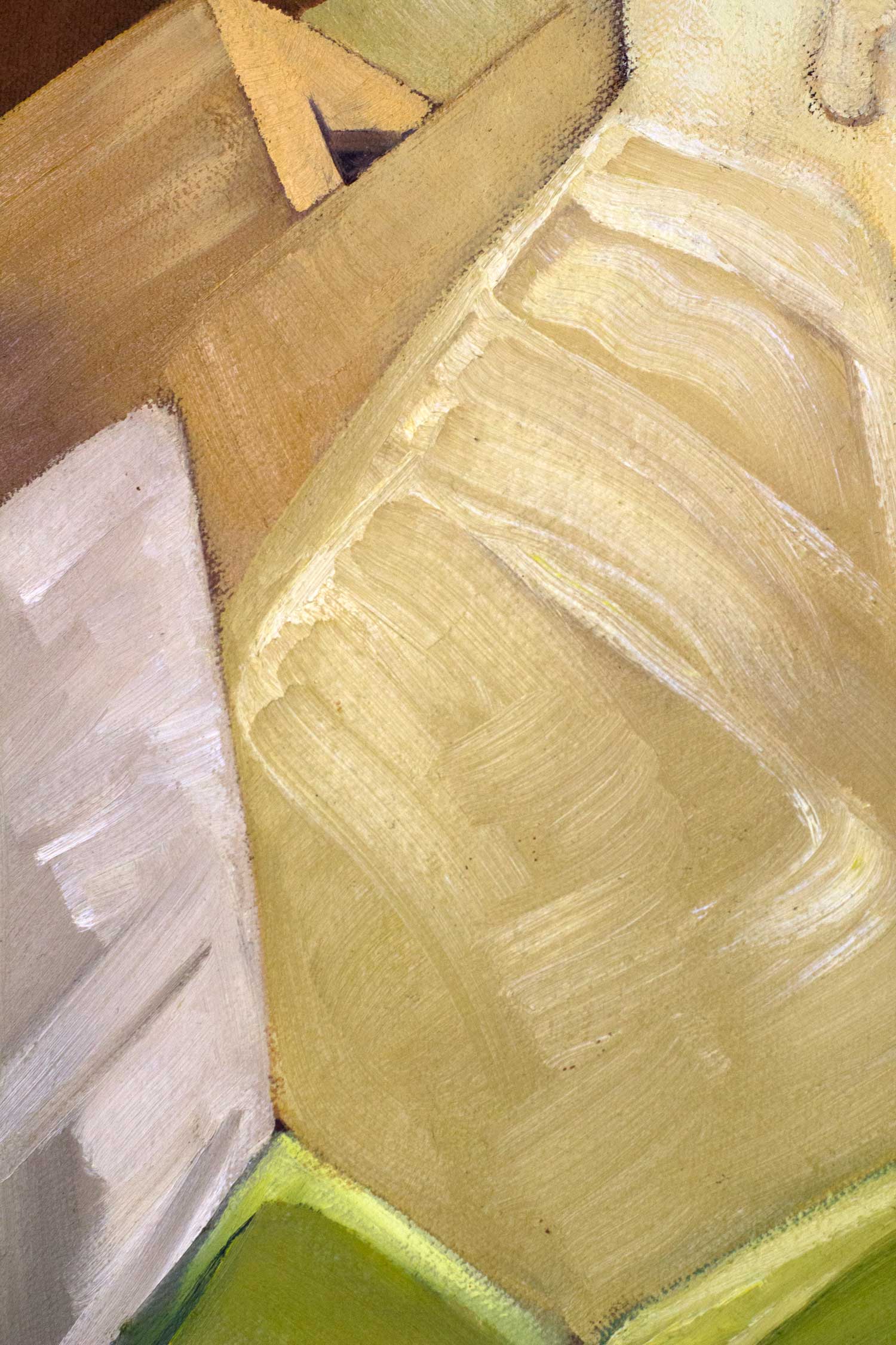 Close-up of the geometric embrace between mother and child rendered in warm neutral tones. Intersecting angular forms and subtle brushwork highlight the intimate bond while maintaining the painting's sculptural composition.