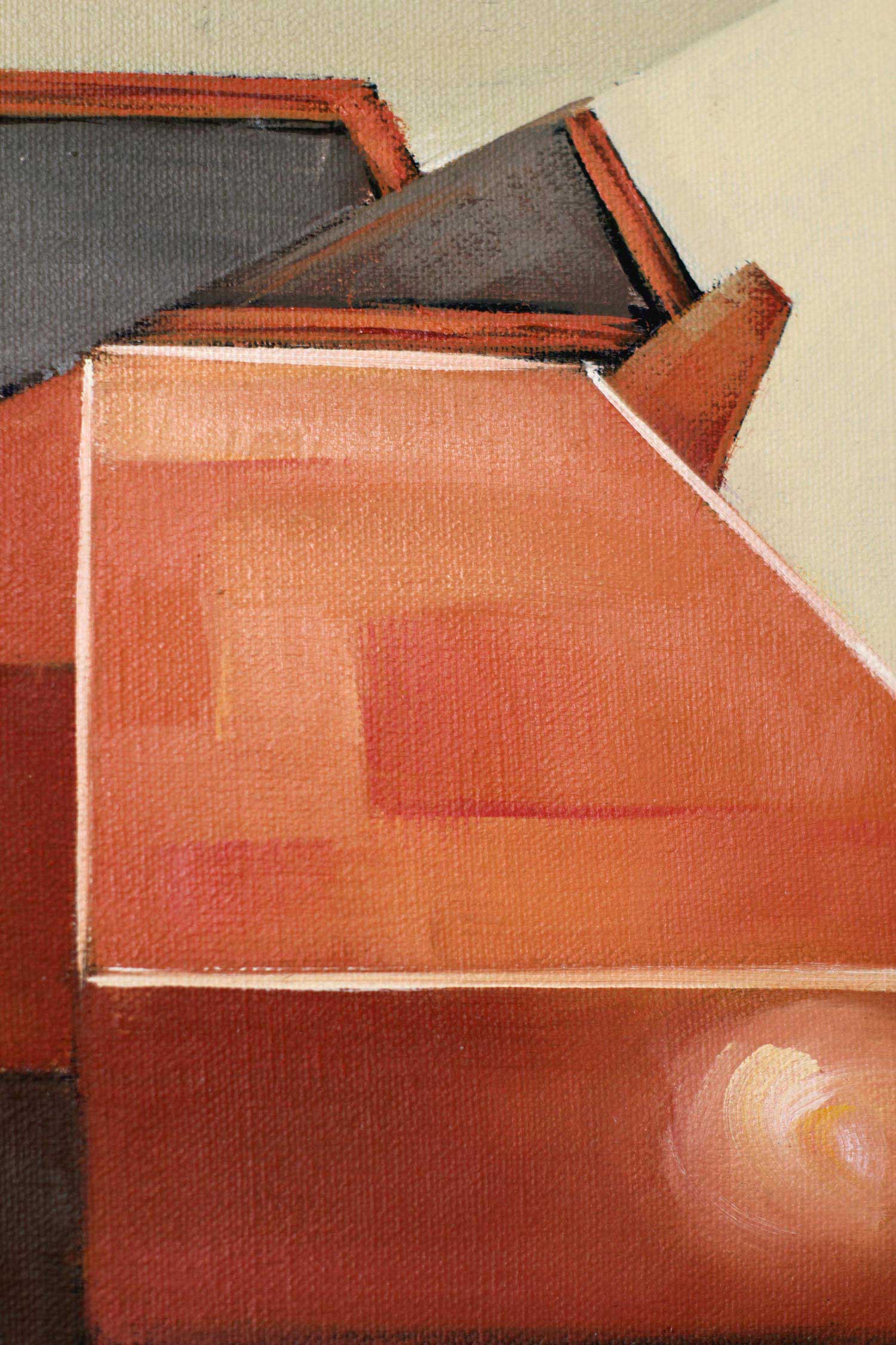 Close-up of an original oil on canvas painting showing the angular front section of a geometric orange automobile. Intersecting planes, simplified windshield forms, and a softly illuminated headlight emphasize the painting's architectural approach to automotive design.