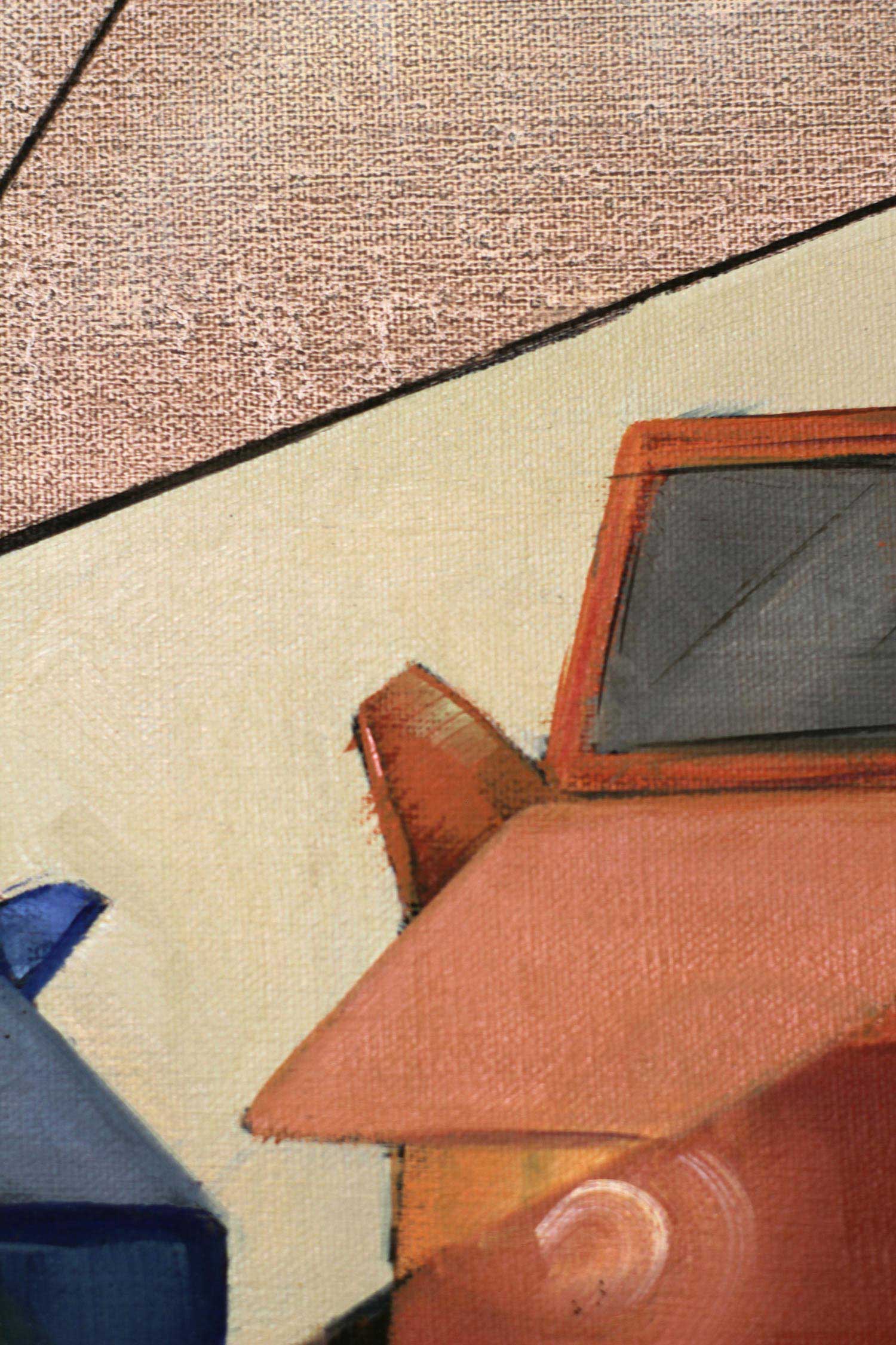 Detail of an oil painting featuring the upper geometric forms of two stylized automobiles positioned within a simplified urban setting. Angular roofs, windshields, and intersecting architectural planes reinforce the composition's structured visual language.