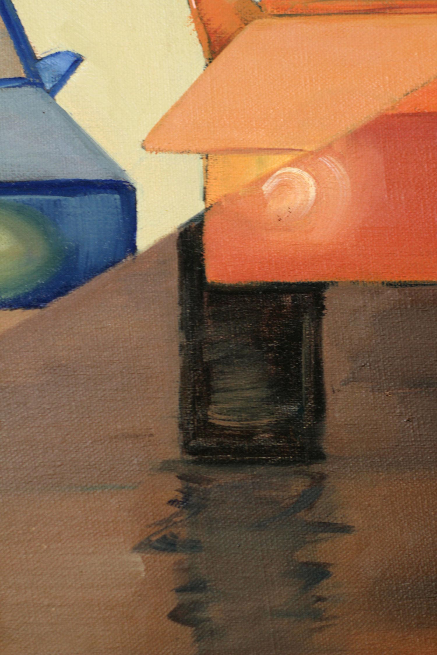 Close-up of a geometric automobile with its illuminated headlight reflecting across wet pavement. Soft reflections and simplified architectural forms create the impression of movement through a contemporary urban environment.