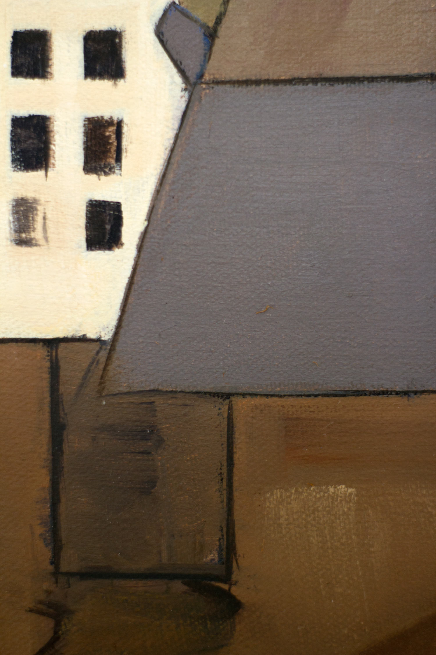 Detail of an oil on canvas painting depicting simplified urban buildings constructed from geometric volumes. Rectangular windows and intersecting architectural planes create depth while maintaining the minimalist character of the cityscape.