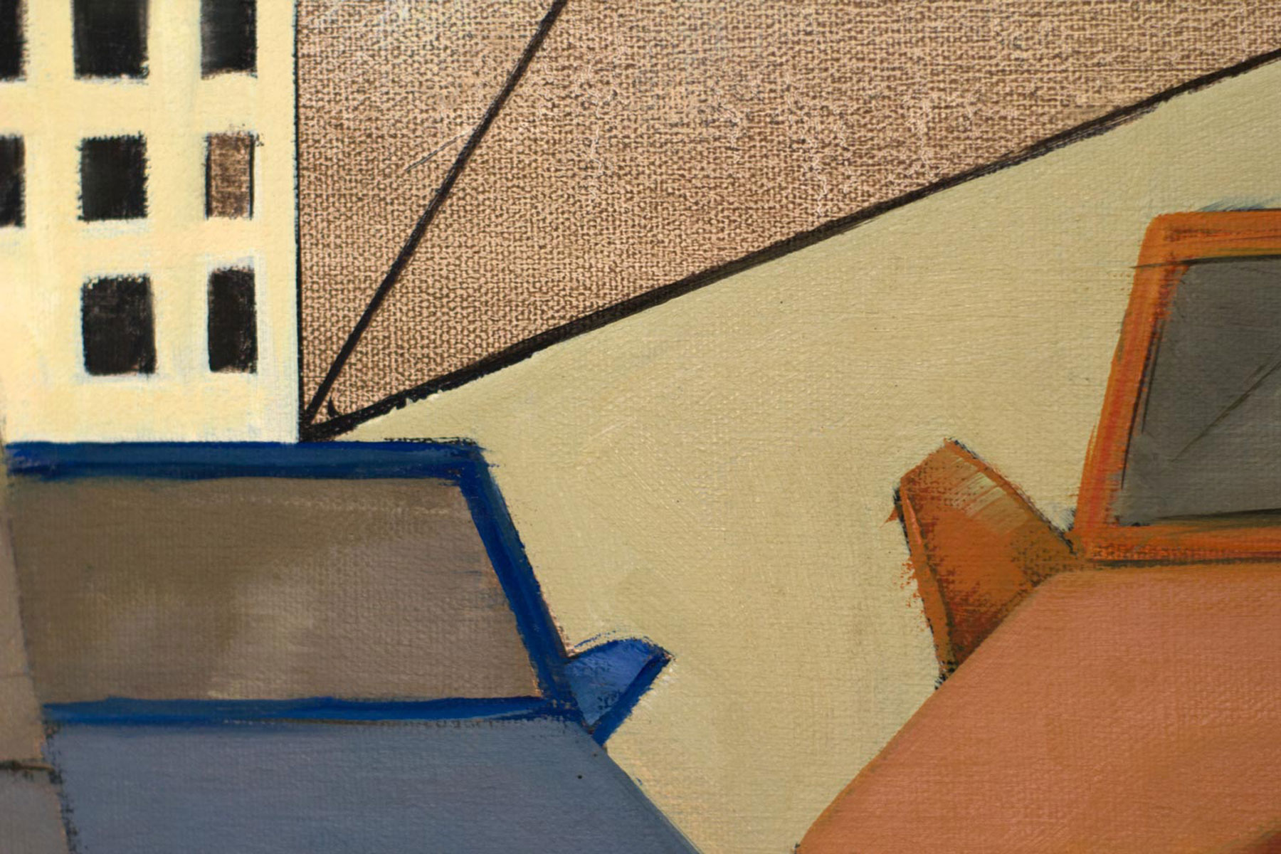 Detail of an original oil painting showing geometric architecture and portions of two stylized automobiles. Angular planes, simplified façades, and balanced composition highlight the artist's exploration of modern urban structure.