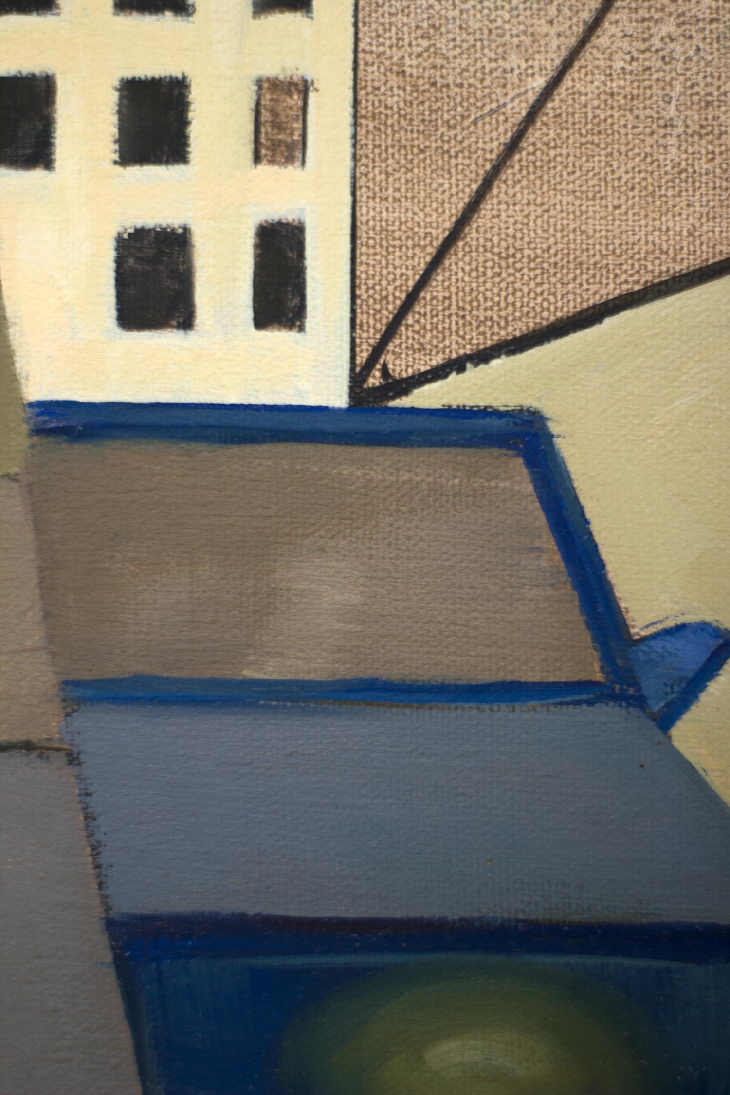 Close-up of a stylized blue automobile rendered with geometric planes beneath modern buildings. Simplified forms, muted colors, and architectural composition emphasize the relationship between vehicles and the urban environment.
