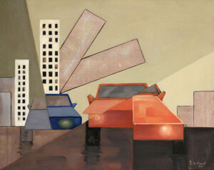 Original oil on canvas painting depicting two stylized geometric automobiles traveling through a simplified urban landscape. Angular buildings lean over the roadway while illuminated headlights reflect across the wet pavement, creating a modern city scene interpreted through geometric abstraction and architectural forms.