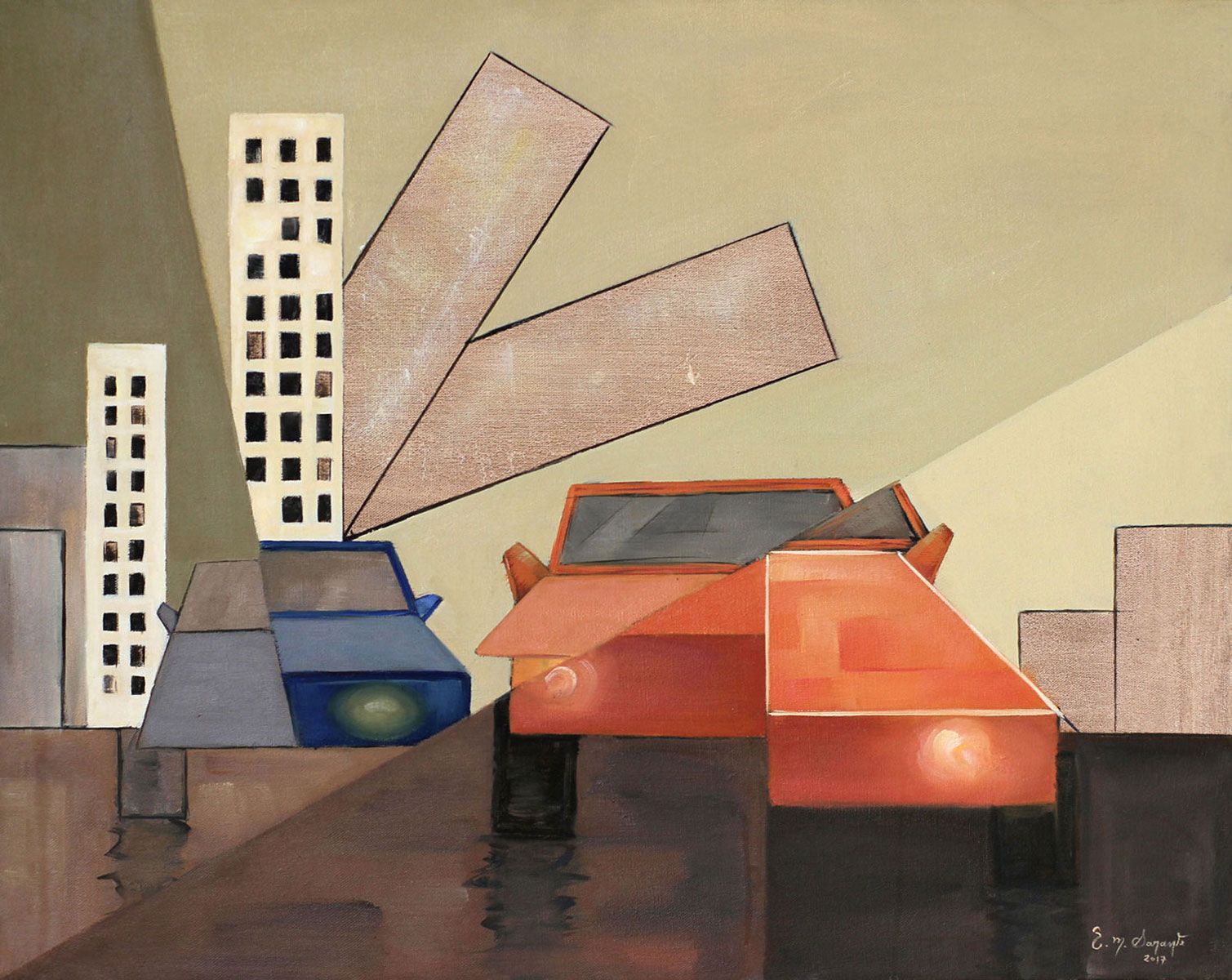 Original oil on canvas painting depicting two stylized geometric automobiles traveling through a simplified urban landscape. Angular buildings lean over the roadway while illuminated headlights reflect across the wet pavement, creating a modern city scene interpreted through geometric abstraction and architectural forms.