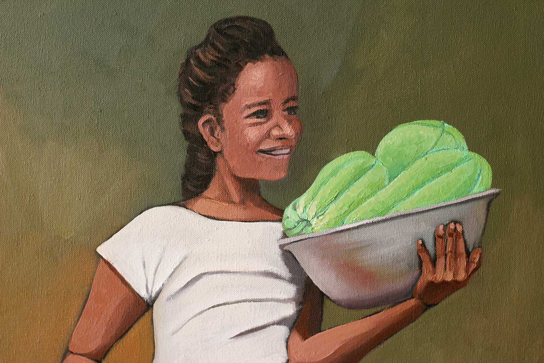 Close-up of the vegetable seller's smiling face holding a metal bowl filled with fresh green chayotes, painted with warm skin tones against a muted olive background.