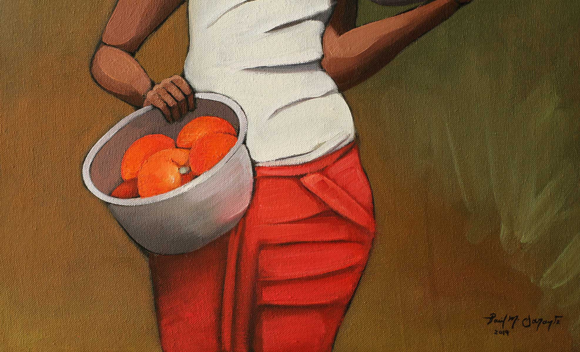 Detail of the seller's torso and hands holding two metal bowls filled with ripe tomatoes and green chayotes, emphasizing the balanced composition and realistic oil brushwork.