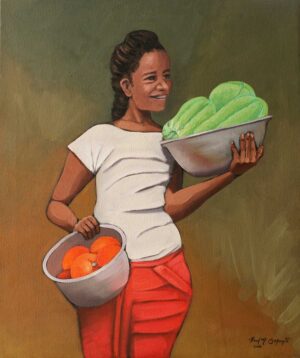 A figurative oil painting of a smiling woman carrying two metal bowls filled with green chayotes and ripe tomatoes, set against a muted olive background with warm earthy tones.