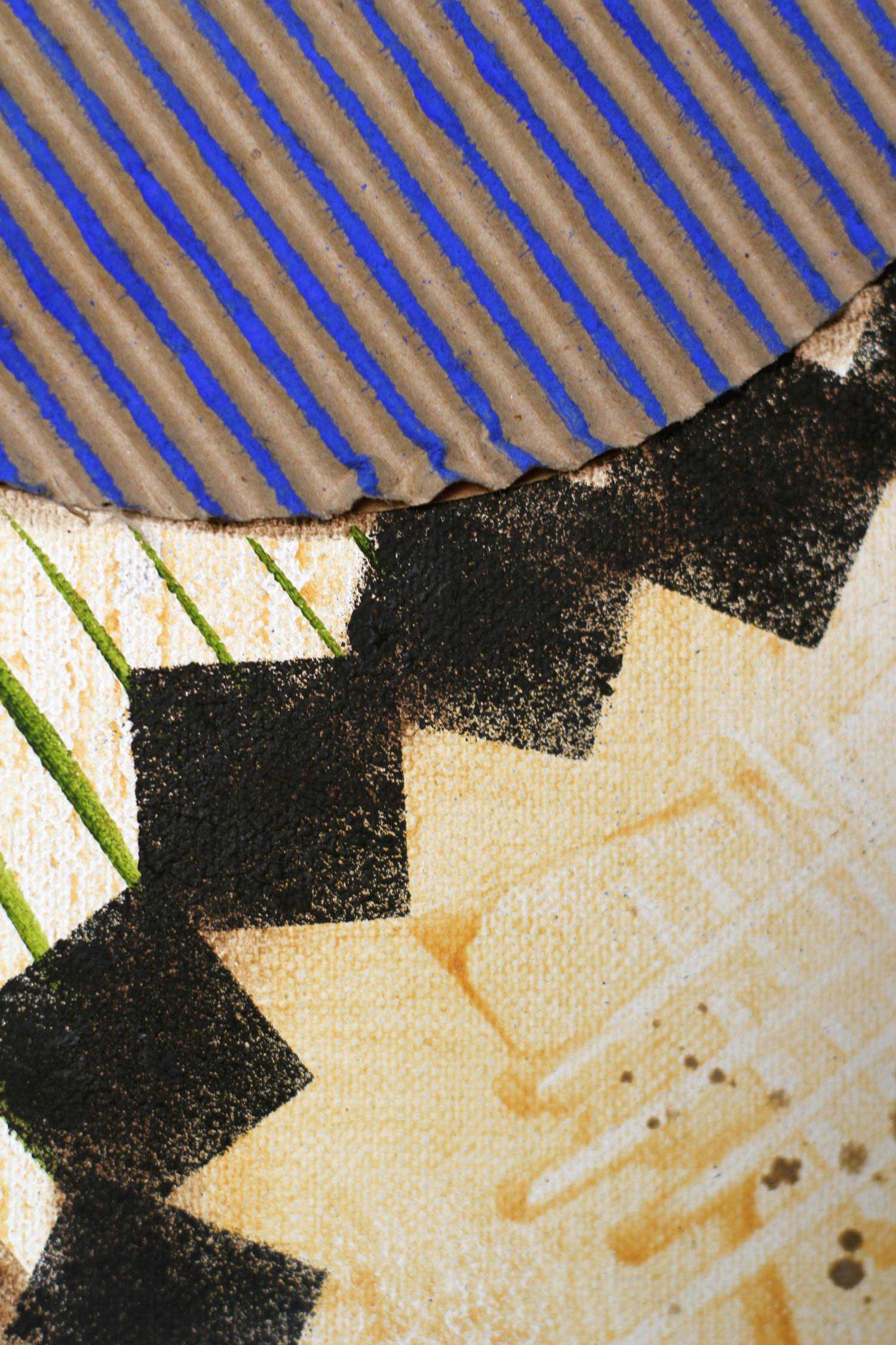 Close-up of an original abstract oil painting showing a blue striped circle intersected by stepped black geometric forms. Contrasting textures and diagonal rhythms emphasize structural balance within the composition.