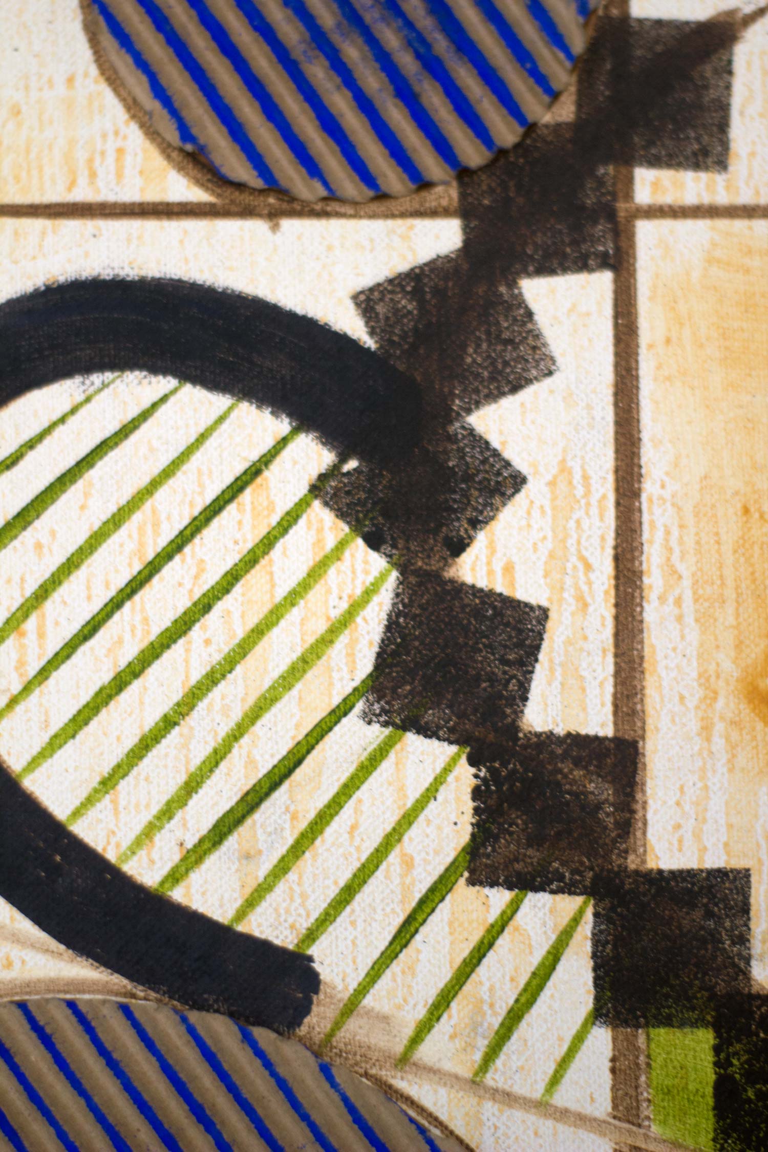 Detail of the painting featuring a curved black form, green parallel lines, and modular black geometric shapes linking the circular elements. Layered textures and intersecting lines reinforce the composition's rhythmic organization.