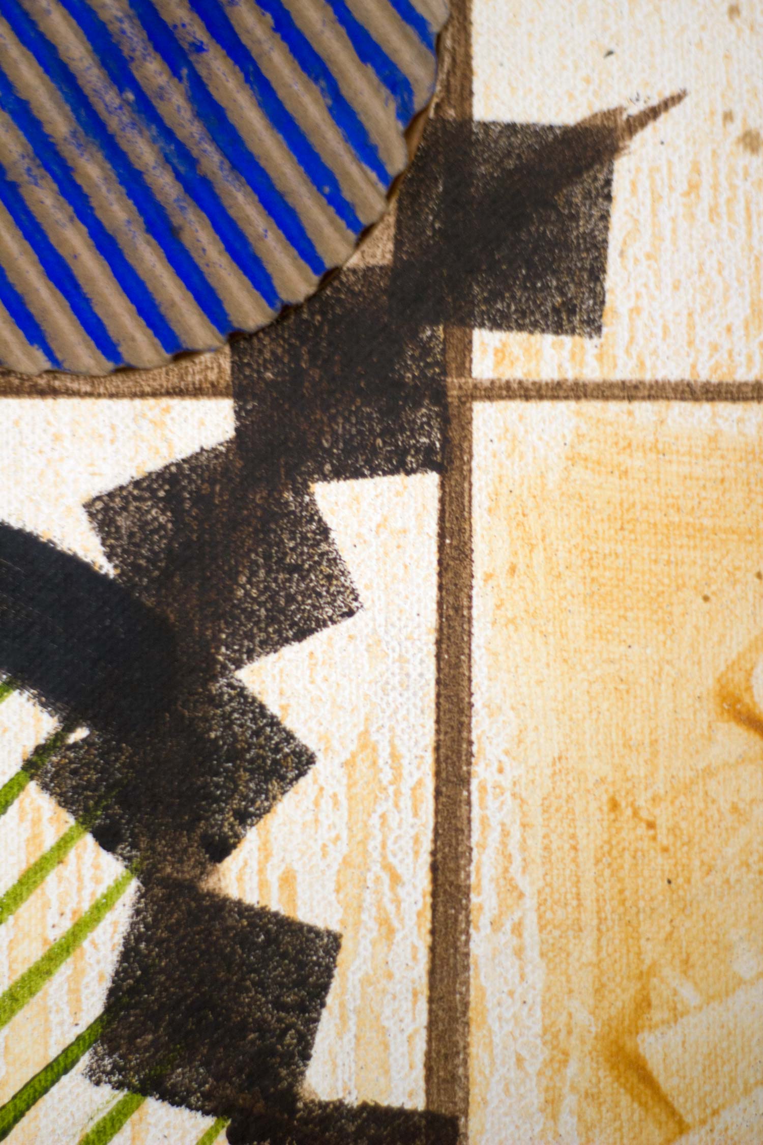 Close-up showing the interaction between stepped black geometric forms, vertical and horizontal guide lines, and textured cream surfaces. The composition combines precise geometry with expressive painterly marks.