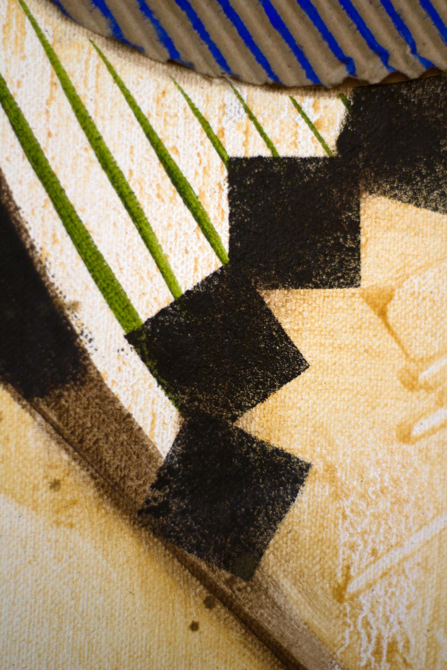 Detail highlighting green diagonal linear patterns framed by curved black forms and connected through a sequence of modular geometric shapes. The textured oil surface emphasizes the painting's balance between precision and expressive brushwork.