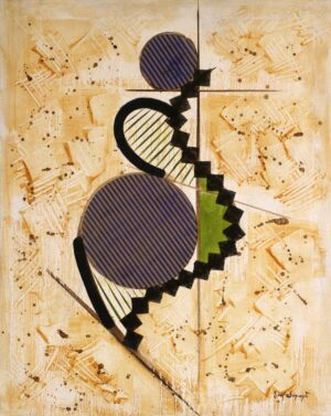 Original oil on canvas abstract geometric painting composed of intersecting circles, diagonal bands, black stepped forms, green linear patterns, and textured cream surfaces. The composition suggests a stylized female figure through balanced geometric relationships and contemporary abstract design.