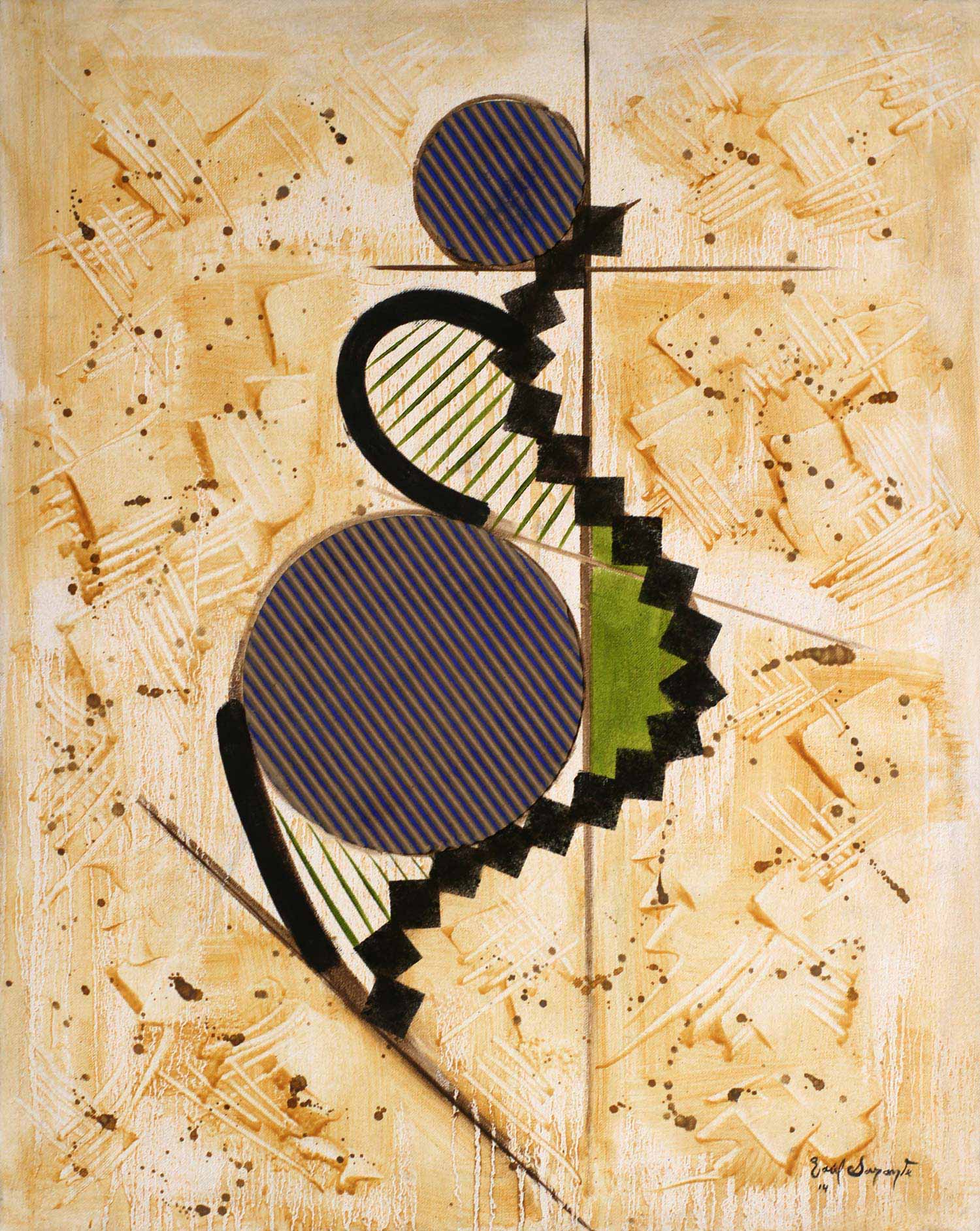 Original oil on canvas abstract geometric painting composed of intersecting circles, diagonal bands, black stepped forms, green linear patterns, and textured cream surfaces. The composition suggests a stylized female figure through balanced geometric relationships and contemporary abstract design.