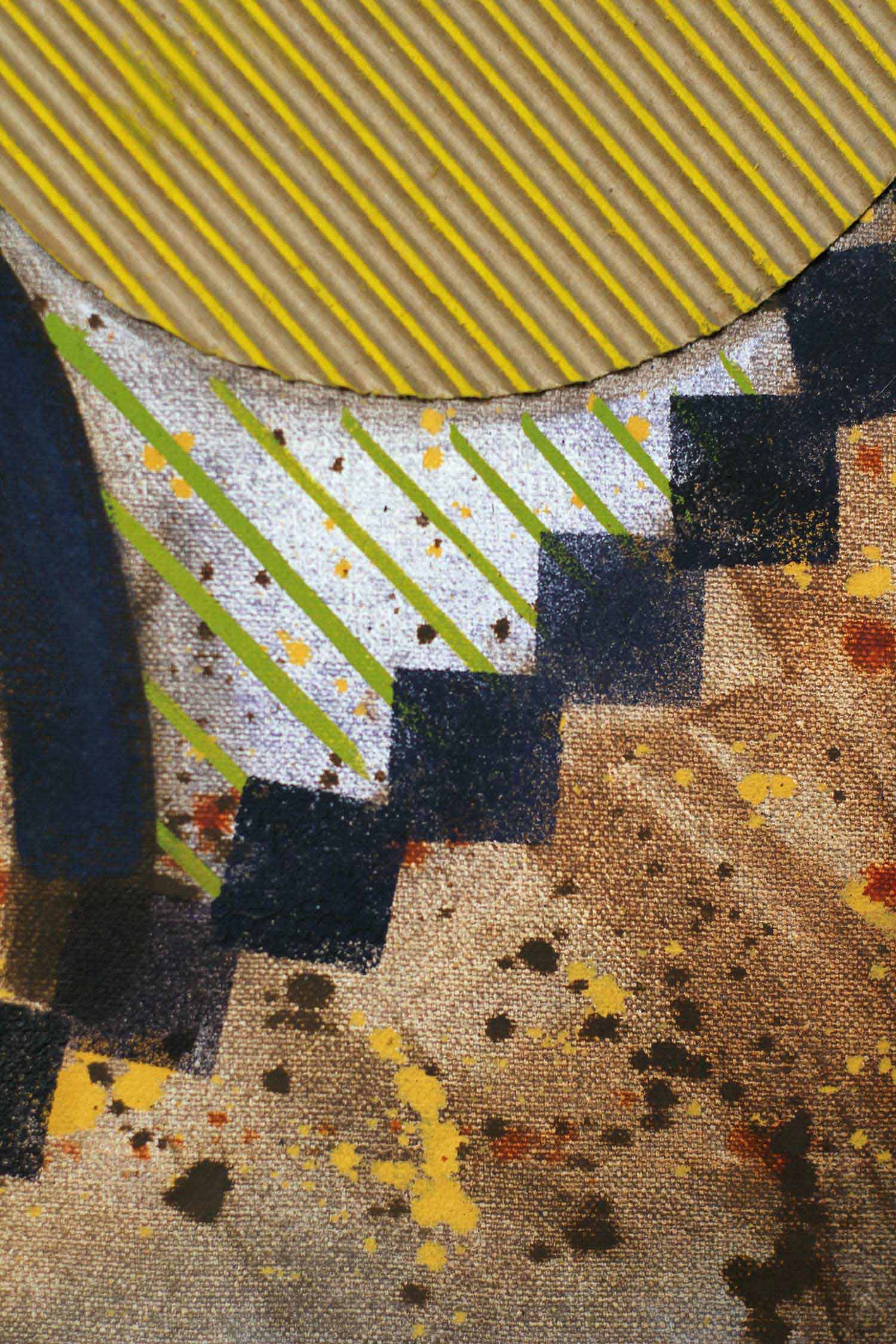 Close-up showing a striped circular form intersecting with stepped black geometric elements and green diagonal lines. Fine textures and layered paint emphasize rhythm and structural balance.