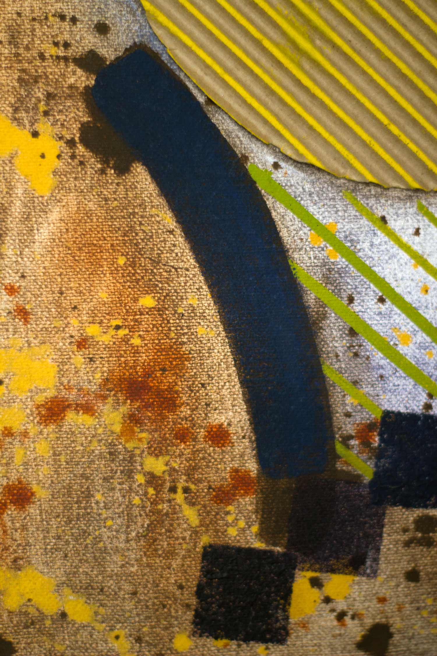 Close-up featuring a bold dark curved shape beside a striped circular element and green diagonal linear pattern. Textured splattered paint creates contrast between geometric precision and expressive surface treatment.