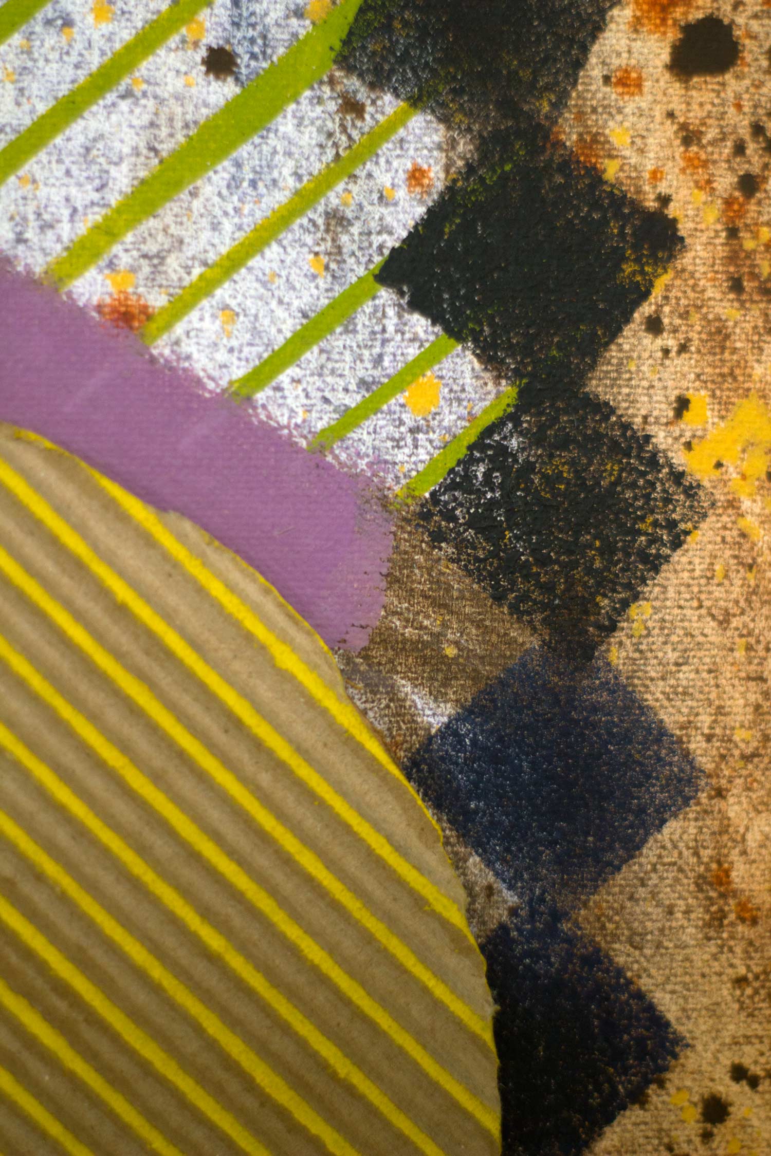 Detail showing the interaction of a soft purple geometric plane, striped circular forms, stepped black elements, and green diagonal lines against a richly textured background with layered paint splatters.