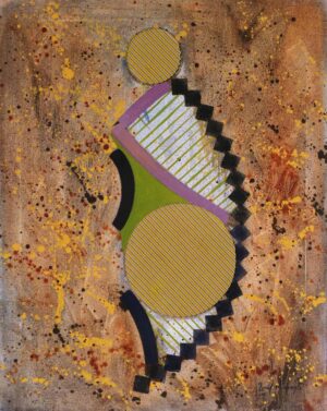 Original oil on canvas abstract geometric painting featuring circular striped forms, stepped black geometric elements, green linear patterns, curved dark shapes, and a richly textured background with layered splattered paint and warm earth tones.