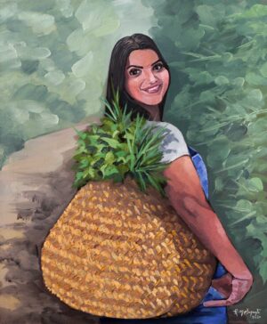 A smiling woman carries a large woven basket filled with tropical plants against a lush green landscape in an oil painting.