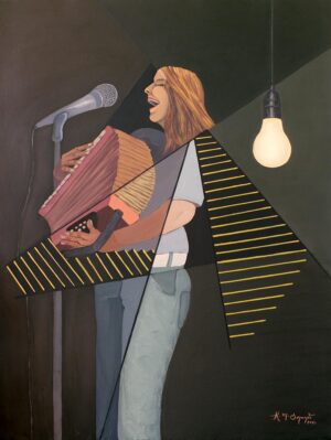 Original oil on canvas painting of a woman singing while playing an accordion in a geometric contemporary composition. Expressive portrait, microphone, illuminated light bulb, and architectural abstraction combine music, rhythm, and modern figurative art.