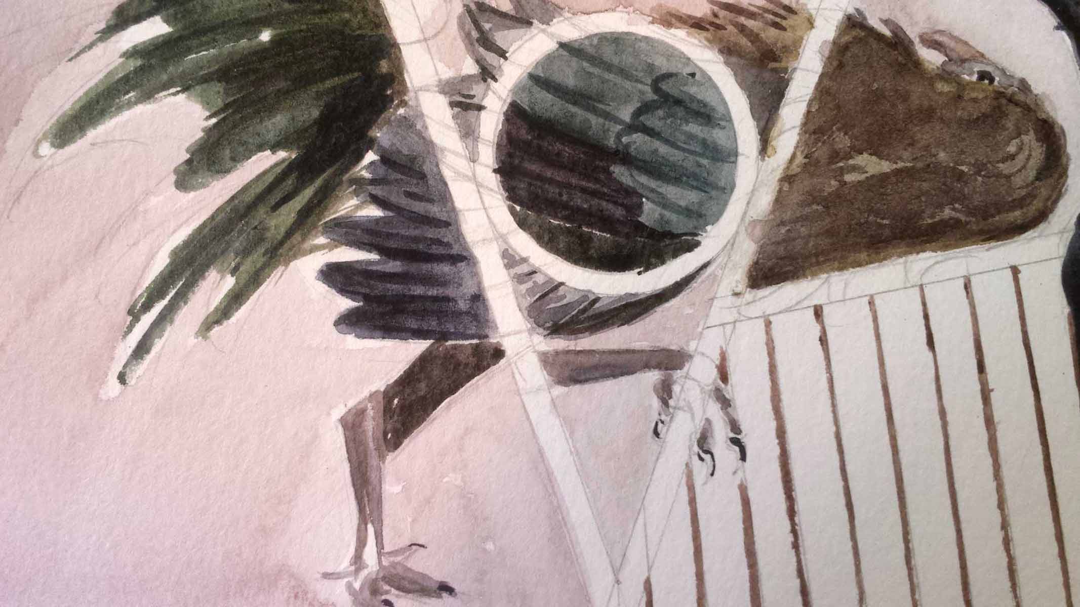 Close-up detail of the left rooster highlighting layered green and dark plumage, expressive eye, and geometric framing rendered with transparent watercolor washes and crisp linear elements.