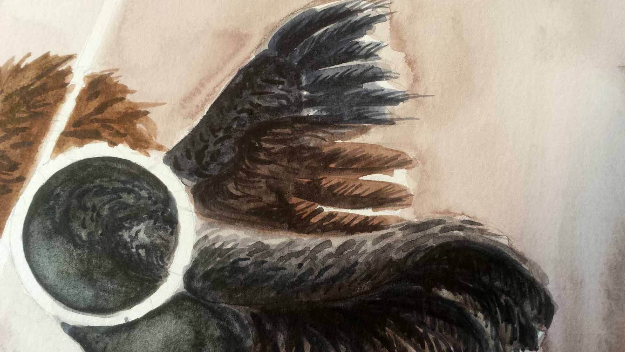 Close-up detail of the right rooster emphasizing raised wings, richly textured black and brown feathers, and circular geometric forms that accentuate movement and dramatic tension.