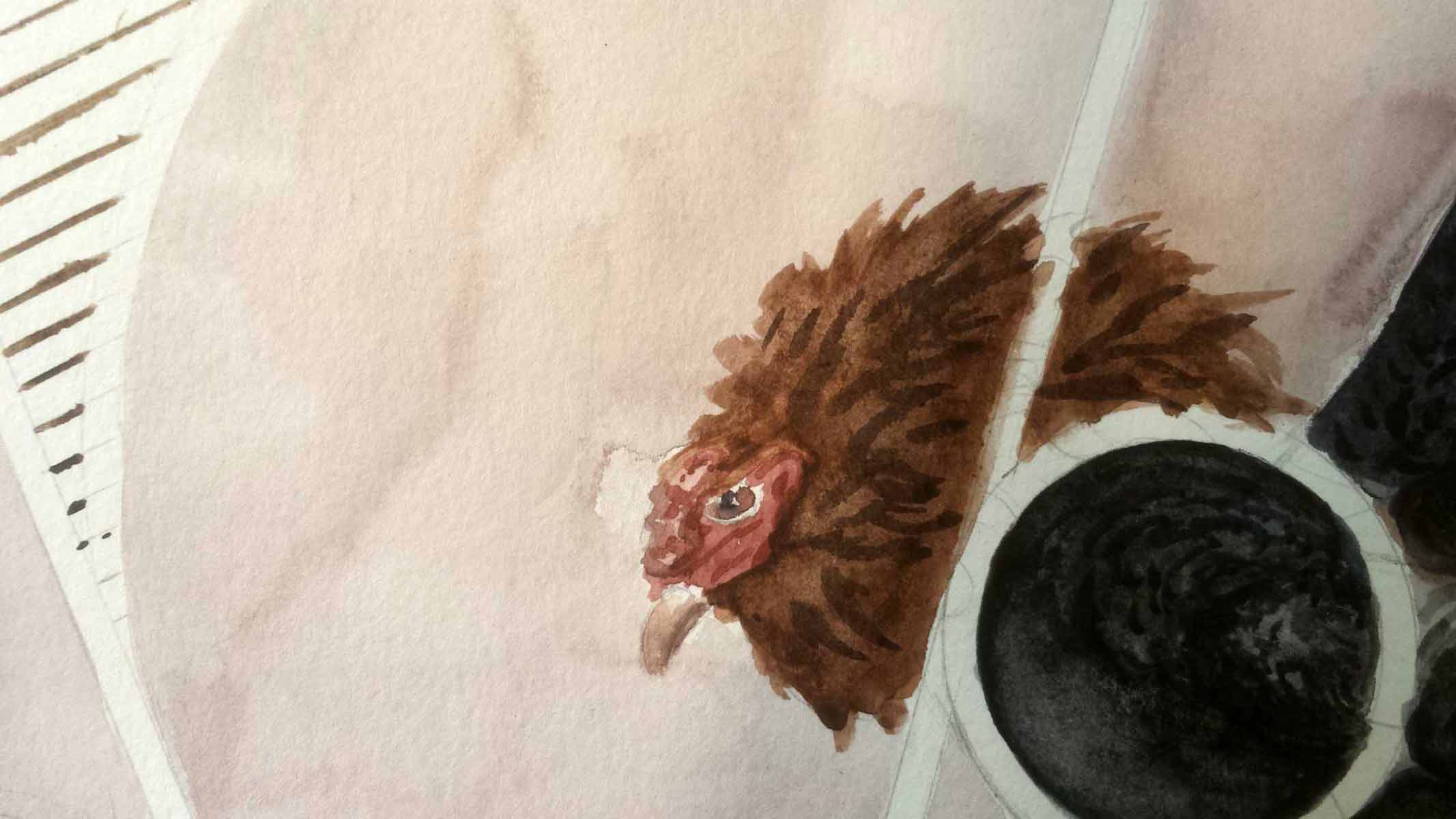 Close-up detail focusing on the rooster's head, red comb, alert eye, and textured brown feathers framed by intersecting geometric lines and soft watercolor washes.