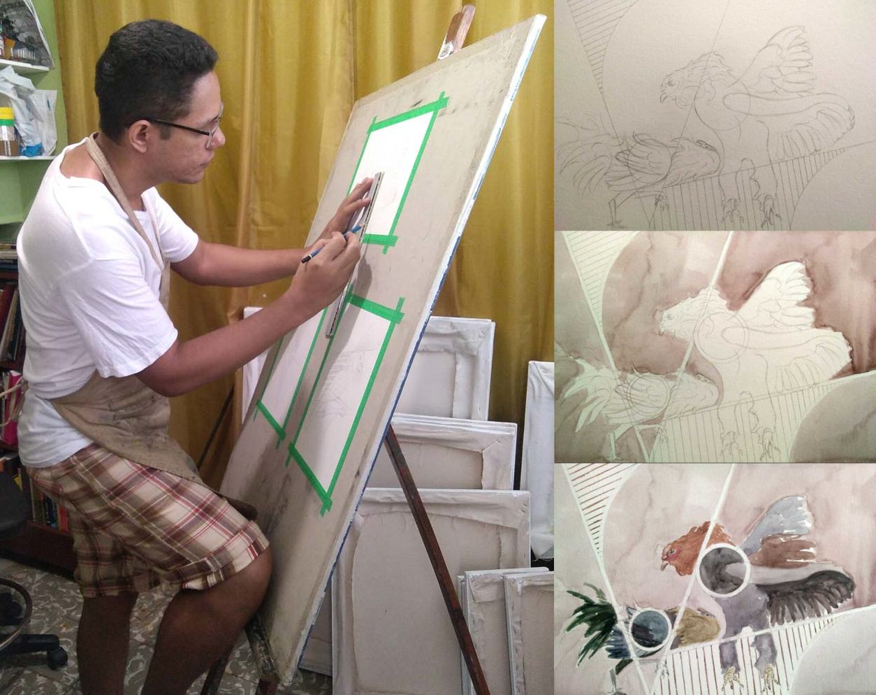 Collage documenting the creation process of the watercolor painting Cockfight, showing the artist laying out the geometric composition on paper, developing the pencil drawing of the fighting roosters, applying the first watercolor washes, and completing the finished artwork.