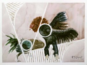 Original watercolor painting of two fighting roosters in a contemporary geometric composition. Expressive watercolor brushwork, intersecting circular forms, and abstract linear elements reinterpret the traditional cockfight through modern wildlife-inspired fine art.