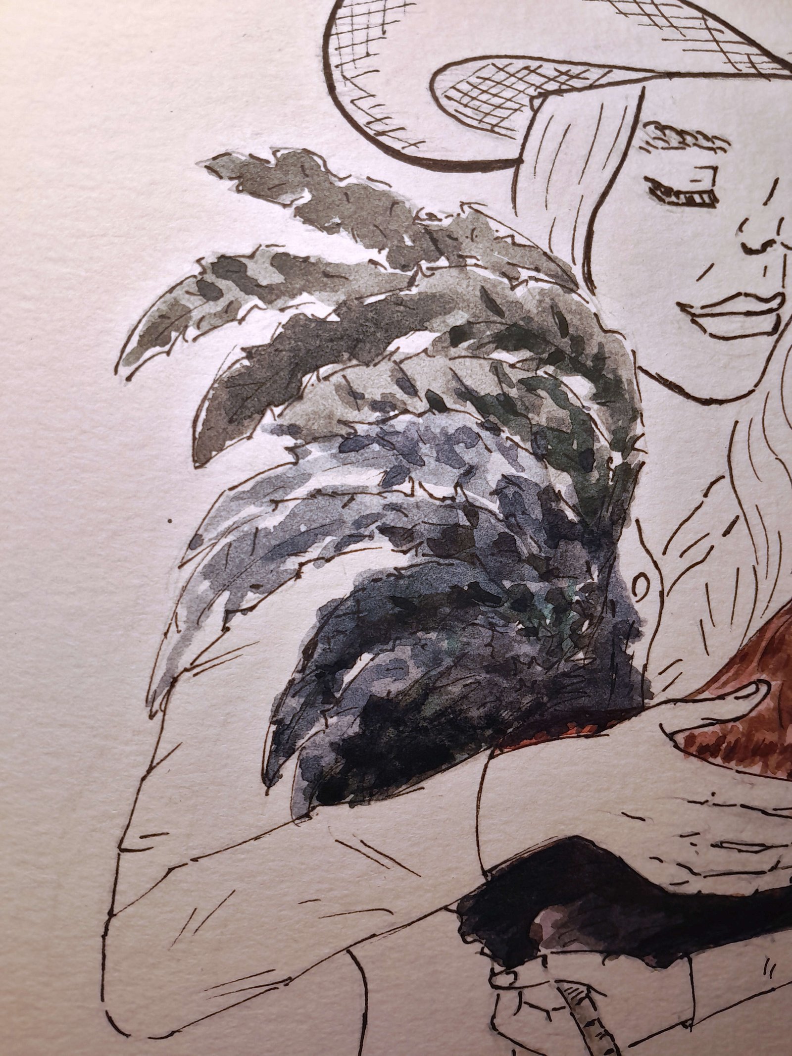Close-up of the rooster’s layered tail feathers in dark gray, black, blue-gray, and subtle green watercolor tones beside the woman’s outlined face and arms.