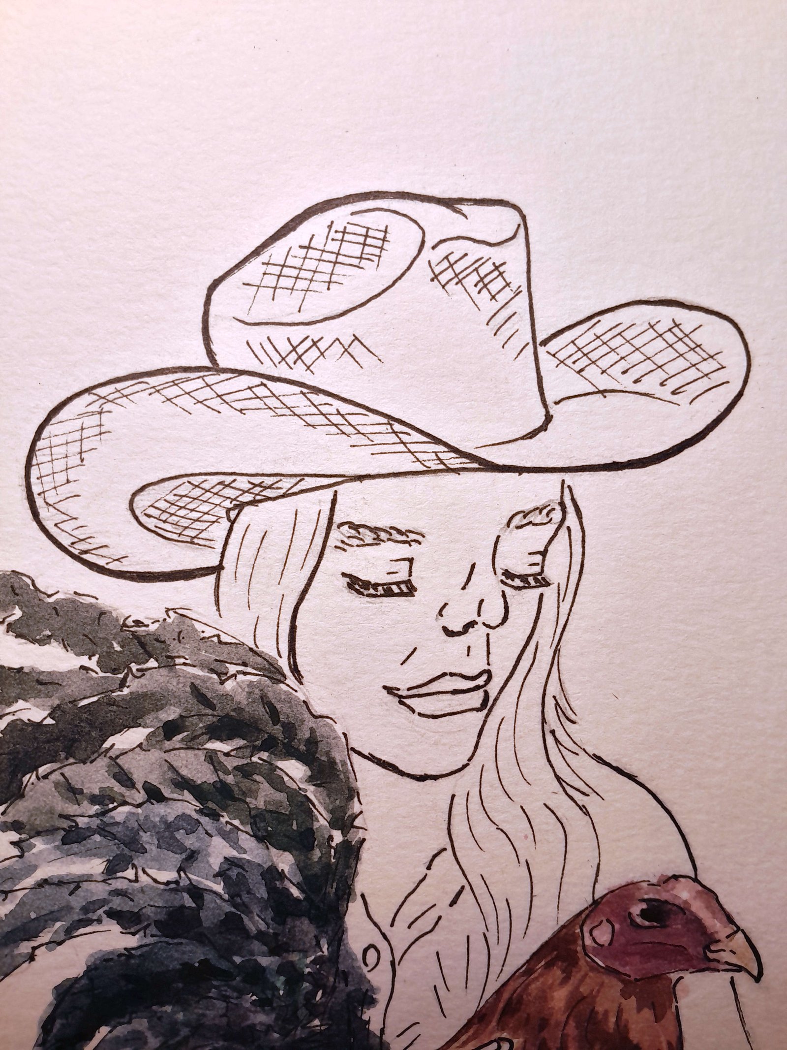 Close-up of the woman’s face beneath a wide-brimmed cowboy hat, with the rooster’s dark tail feathers and reddish head framing the lower portion of the composition.