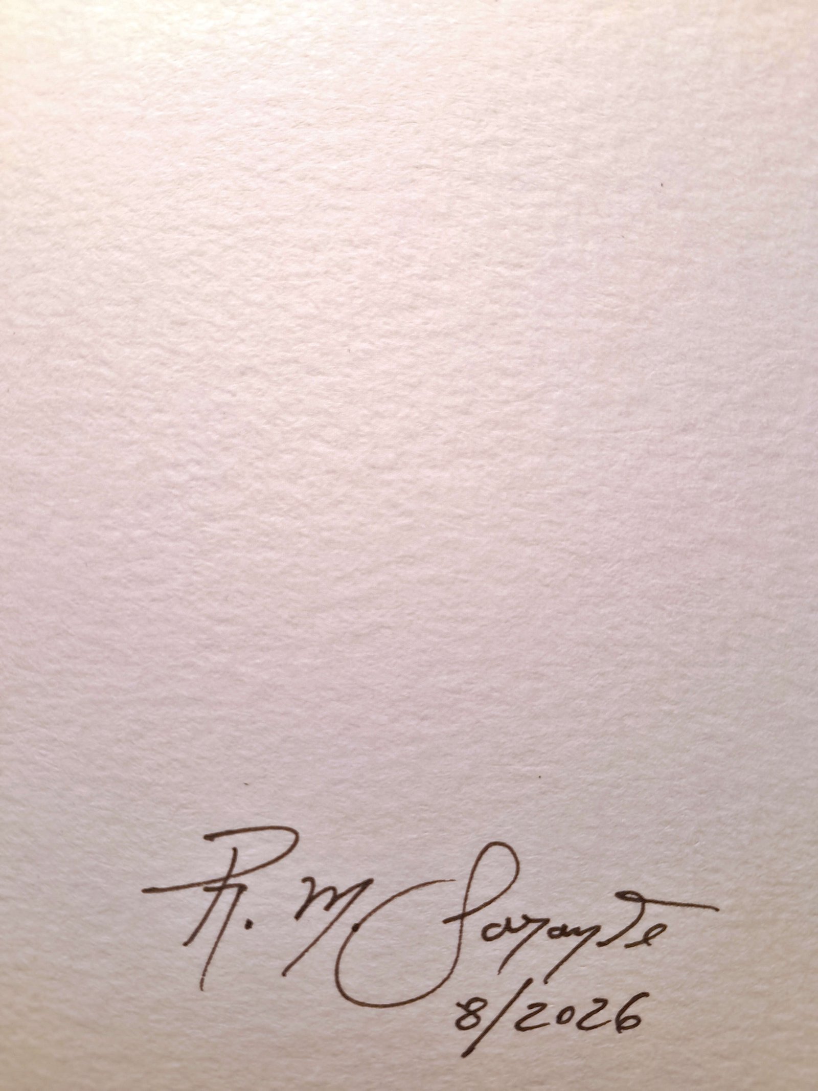 Close-up of the artist’s handwritten signature and the date 8/2026 on the textured paper.
