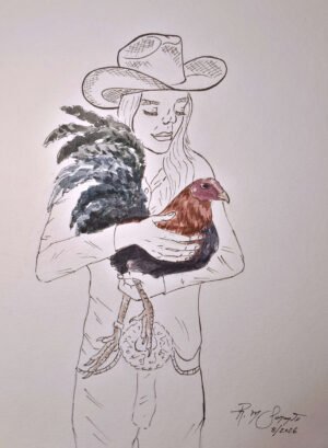 Watercolor and technical pen artwork of a woman wearing a cowboy hat and gently holding a rooster against her body, with its dark layered tail feathers extending across her shoulder and its legs hanging below.