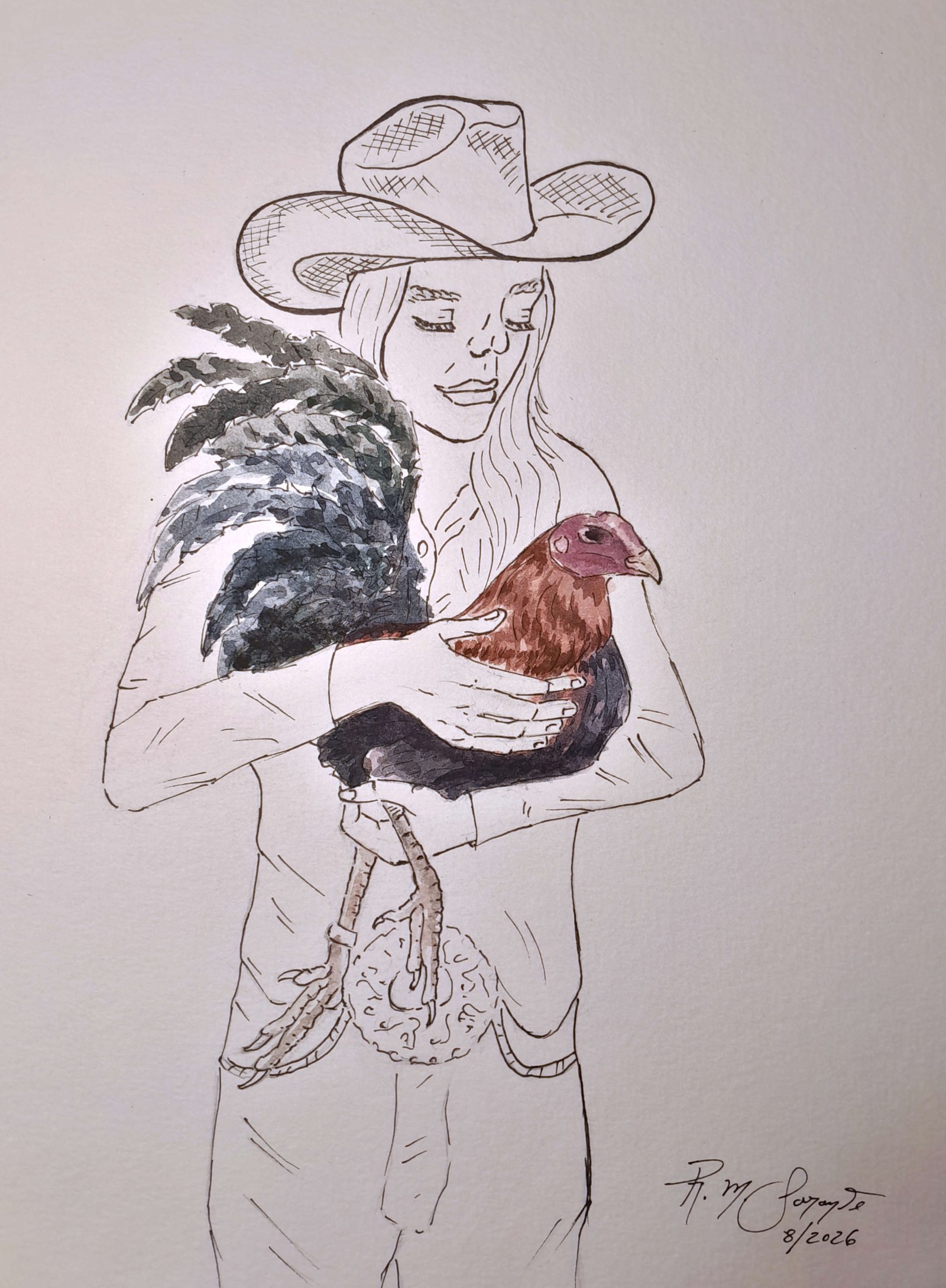 Watercolor and technical pen artwork of a woman wearing a cowboy hat and gently holding a rooster against her body, with its dark layered tail feathers extending across her shoulder and its legs hanging below.
