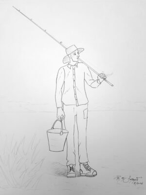 Technical pen and graphite drawing of a fisherman wearing a wide-brimmed hat, standing with a long fishing rod resting across his shoulder while carrying a bucket in his other hand.