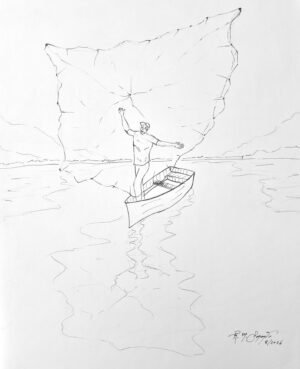 Technical pen and graphite drawing of a fisherman standing in a small boat on open water while casting a large fishing net above and around him, with a distant mountainous shoreline in the background.