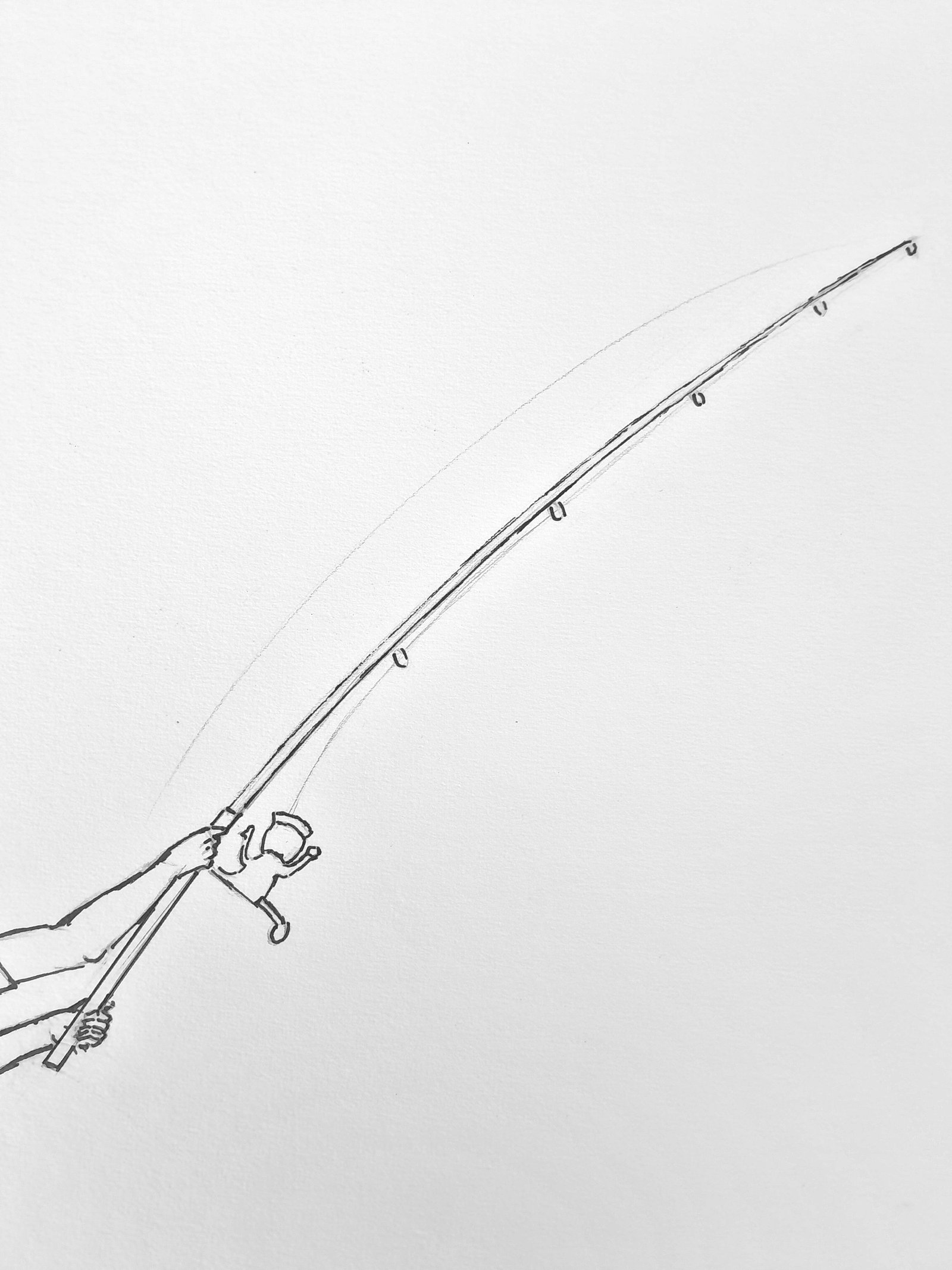 Detail of the long fishing rod bending strongly upward under tension, showing the reel, line guides, and the fisherman’s hands gripping the rod.