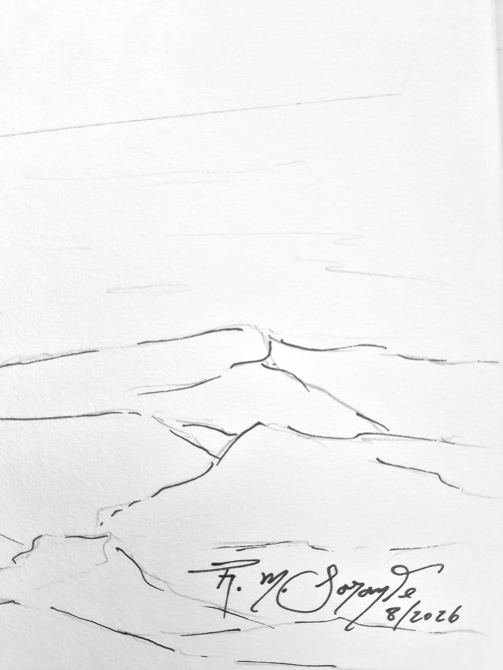 Close-up of the rocky coastal surface and lightly drawn sea surrounding the artist’s handwritten signature and the date 8/2026.