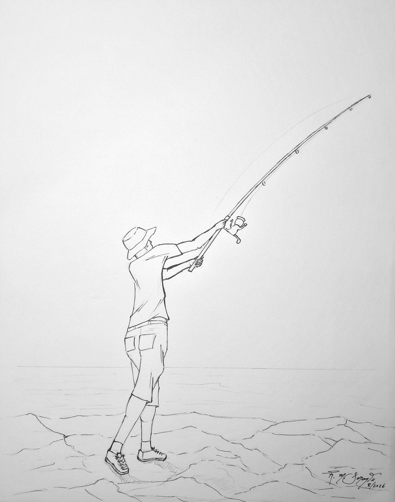 Technical pen and graphite drawing of a fisherman standing on a rocky shoreline and pulling upward on a long, bent fishing rod, with the sea extending behind him.
