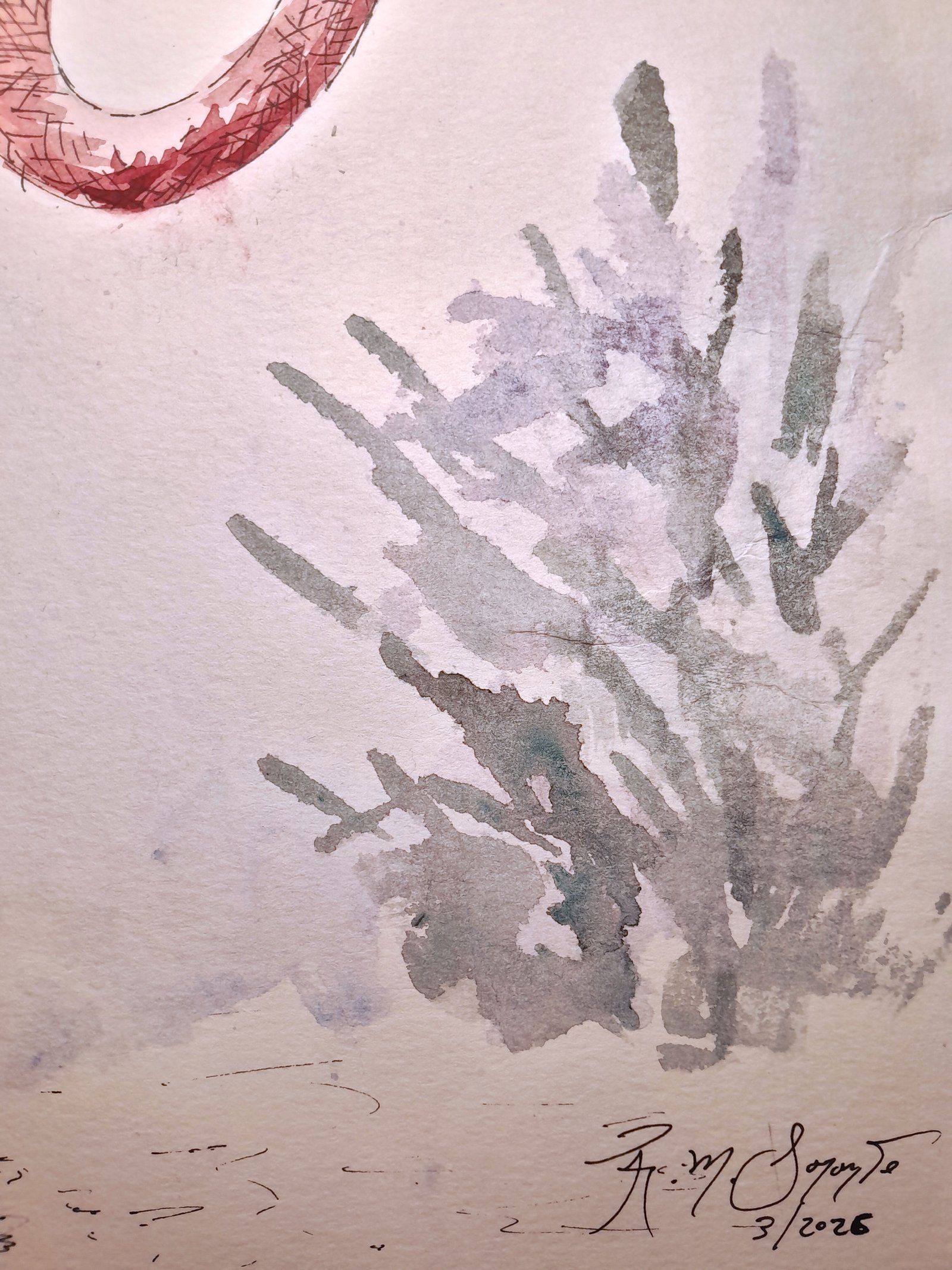 Close-up of abstract aquatic vegetation painted in translucent gray, violet, and muted green watercolor washes, beside the artist’s handwritten signature and the date 3/2026.