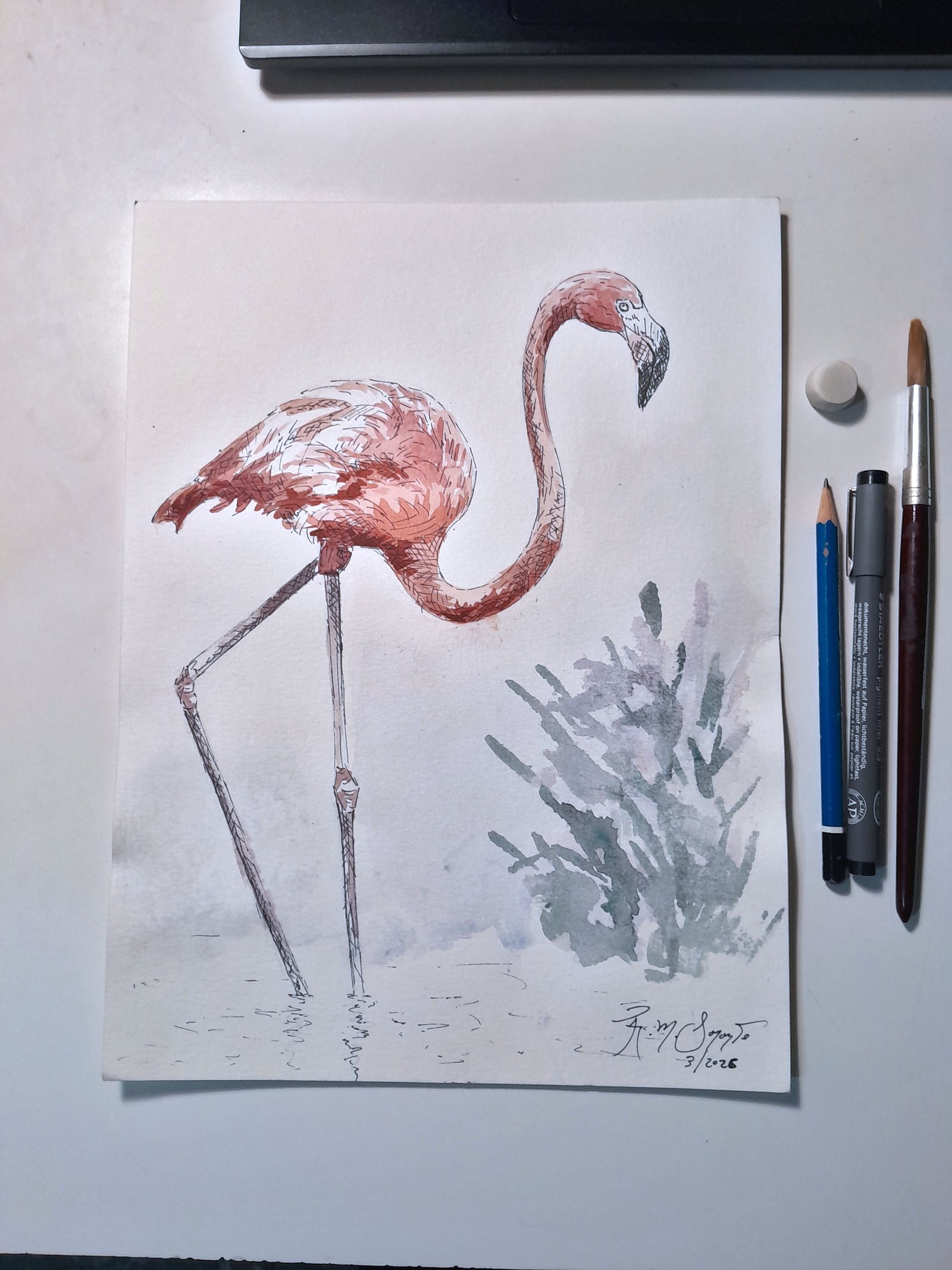 View of Flamingo No. 1 on a work surface accompanied by a graphite pencil, technical pens, watercolor brush, and eraser, showing the complete artwork and materials used in its creation.