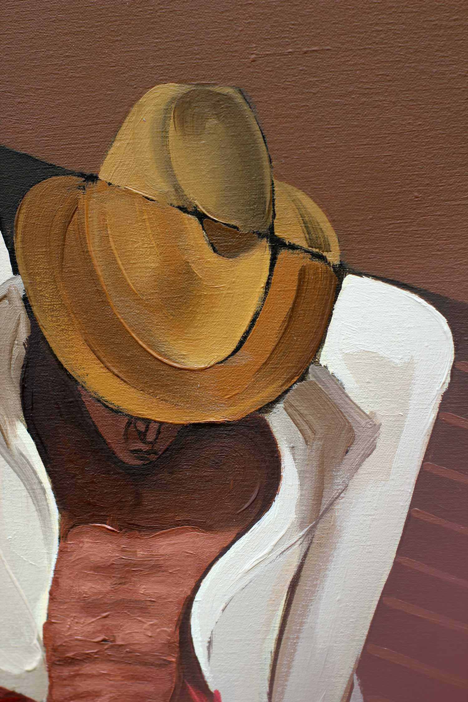Close-up of the rooster handler's straw hat viewed from above, partially concealing the face beneath warm brown geometric planes in an oil painting.
