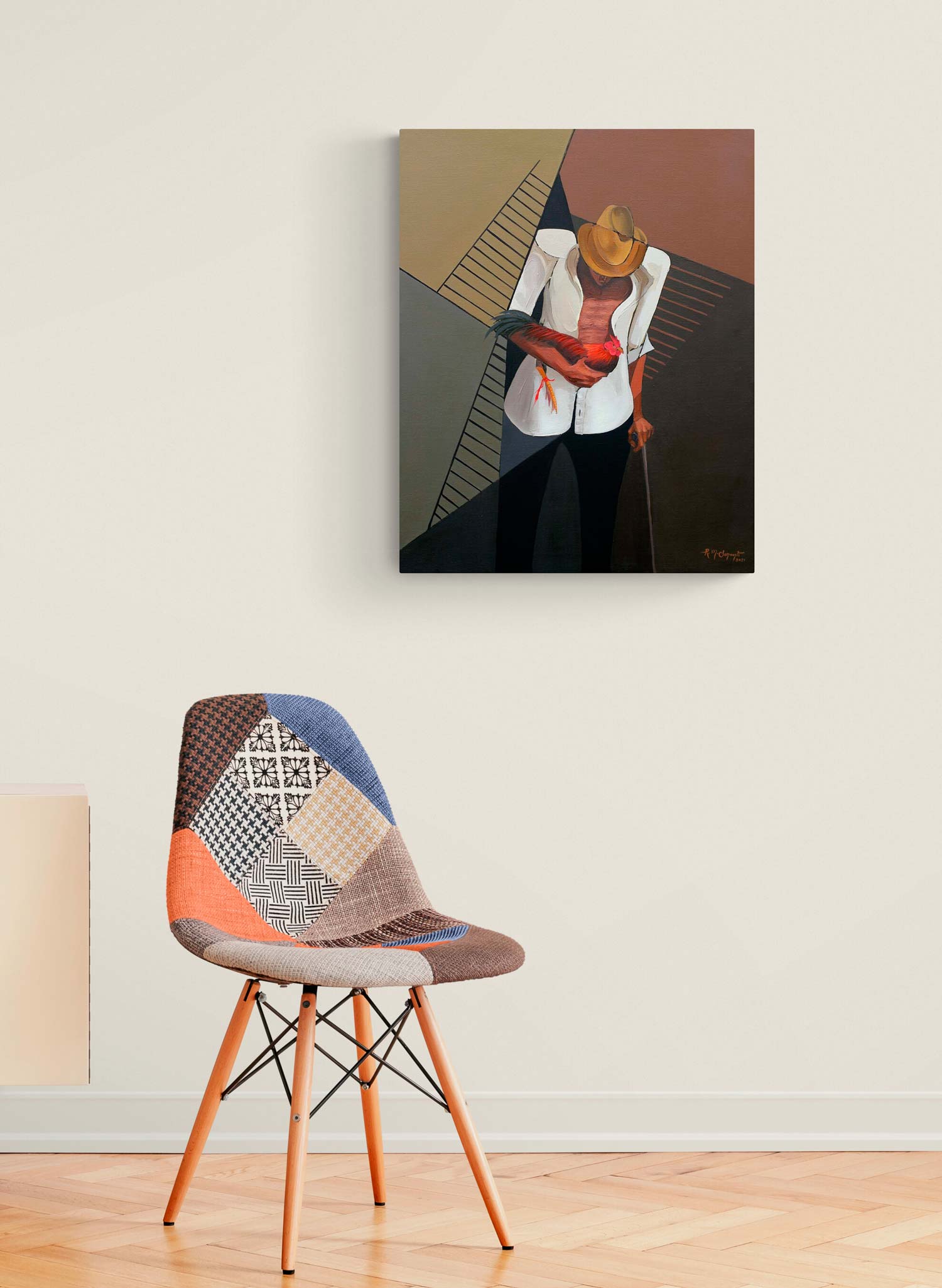 The painting "Gallero" displayed on a modern interior wall above a colorful chair, illustrating the artwork in a residential setting.