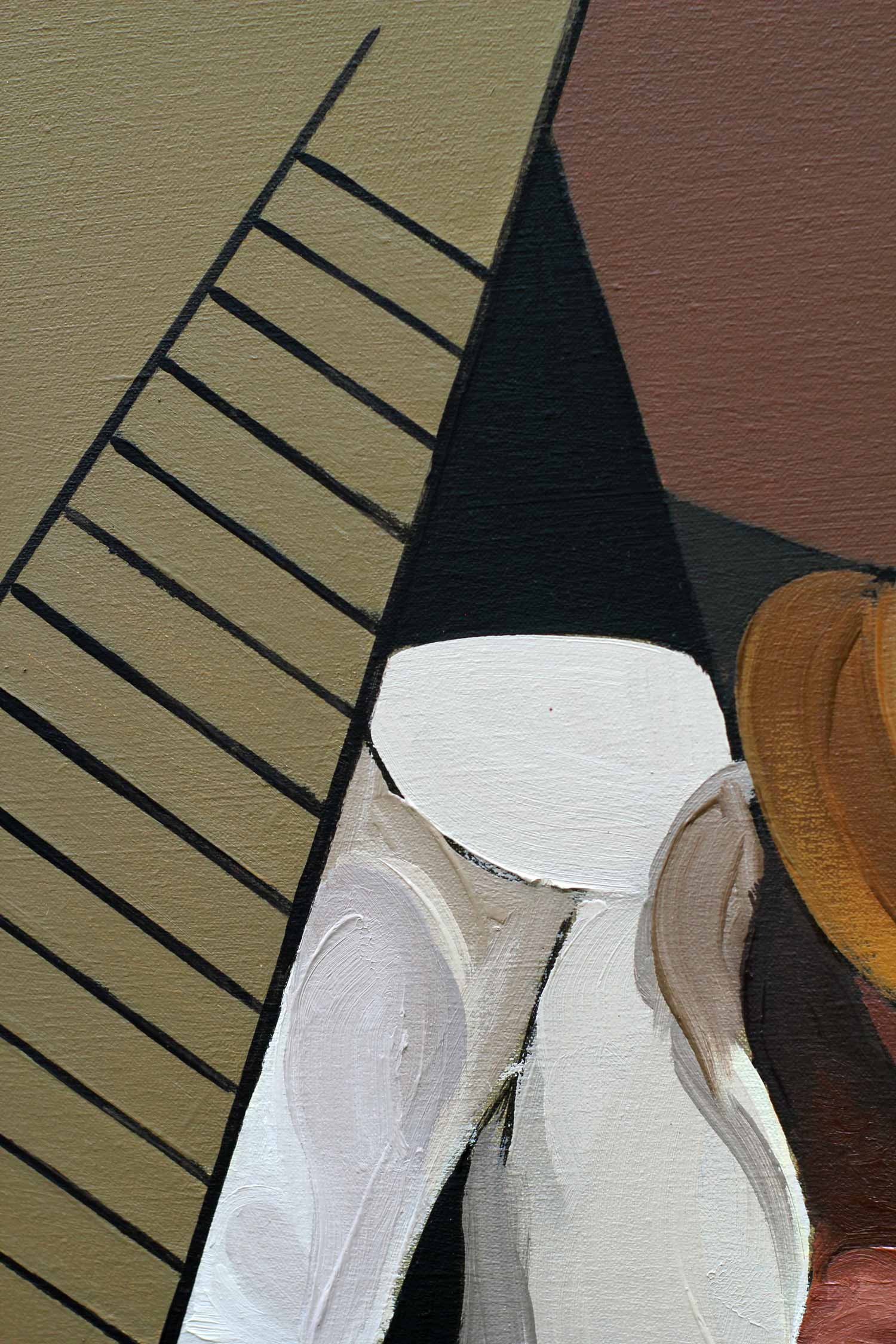 Detail of the rooster handler's white shirt against intersecting geometric forms and diagonal black lines in a contemporary oil painting.
